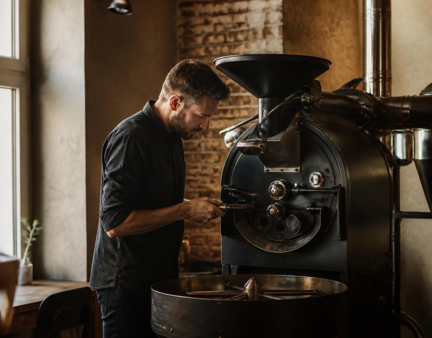 Our head roaster working at the drum roaster